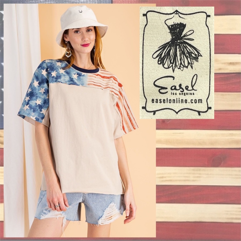 Easel “American Patriot” American Flag Print Cotton Tee, Vintage-Look Side Slits
